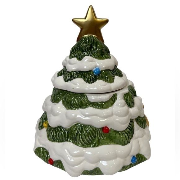 Holiday Time Christmas Tree Cookie Jar Green/White/Red/Gold Ceramic EUC - Picture 3 of 7
